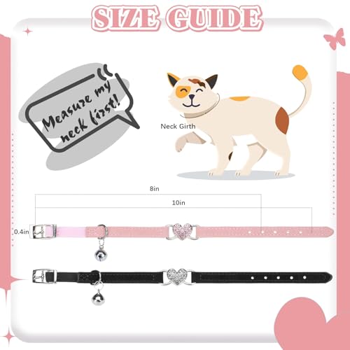 BINGPET 2 Pack Diamond Cat Collar with Bells and Safety Belt, Adjustable Soft Velvet Kitten Collar with Bling Heart Jewelry, Cute Black & Pink Cat Collars for Girls & Boys(Neck Girth 8"-10") - color: Pink & Black(Heart), size: Neck Girth 8"-10"