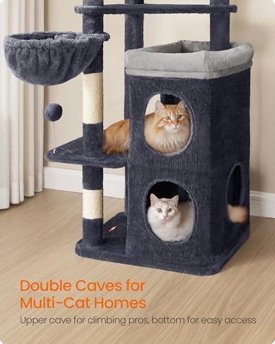 Feandrea Cat Tree, 60-Inch Cat Tower, Multiple-Level Plush Condo with 2 Caves, 3 Scratching Posts, 3 Perches, Dark Gray UPCT007G02 - color: Dark Gray