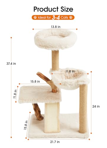 Letkind 38" Modern Cat Tree Tower for Large Indoor Cats, Perches-Natural Solid Wood Cat Tower with Sisal Scratching Post, Perches, Basket & Scratching Post, Aesthetic Boho Cat Furniture - size: 38" Wood Cat tree