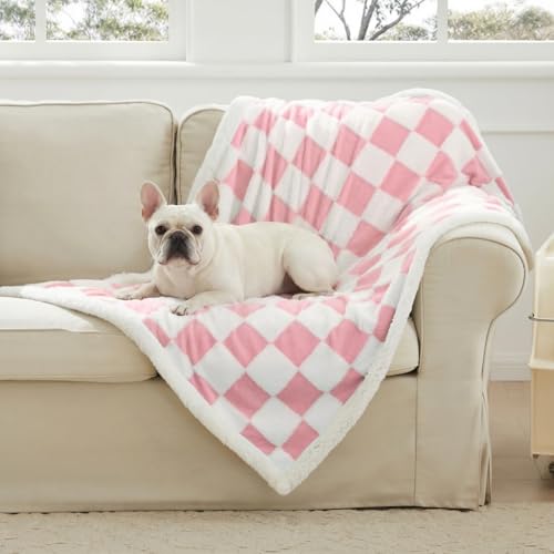 Ohocut Checkered Dog Blanket, Pink Jacquard Sherpa Blankets for Small Dog and Cats, Cute Aesthetic Style Fluffy Fleece Pets Blanket for Couch Protection Washable, 25"x35" - color: Pink, size: 25"x35"