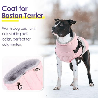 Small Dog Coat with Harness Built in, Warm Dog Jacket Winter with Zipper On Back, Waterproof Pet Snow Jacket Snowsuit Pet Sweater Clothes for Puppy, Pink XS - color: Pink, size: X-Small