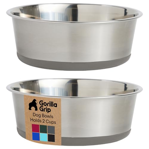 GORILLA GRIP Dog Bowls, Food Grade 304 Stainless Steel, Holds 2 Cups Each (16 fl oz) Food and Water Bowl for Feeding Dogs and Cats, Dishwasher Safe, Rust Resistant, BPA Free Rubber Base Set of 2 Gray - color: Gray, size: 2 Cup (16 Oz)