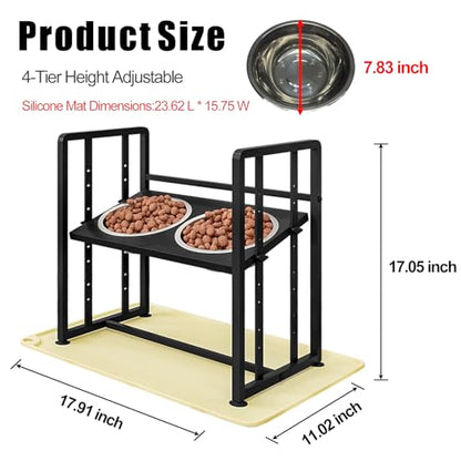 Elevated Dog Bowls 4 Height Adjustable Metal Pet Food Feeder Stand with 2 Stainless Steel Bowl Raised Dogs Feeding Station with Non-Slip Mats Black (Black, with Feeding Mat) - color: Black+Yellow-B, size: 17.91x11.02x17.05in