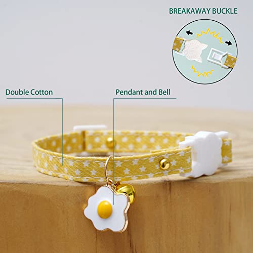 2 Pack Star Cotton Breakaway Cat Collars with Bell Egg Cat Paw Pendant Kitty Kitten Collars Yellow Purple Collar for Female Girl Cats Male Boy Cats - color: Yellow & Purple