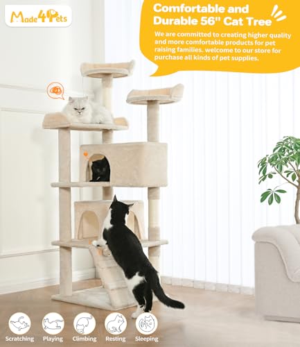 Made4Pets Cat Tree Tower 56in Cat Tower for Indoor Cats Kitten Tree Multi-Level Cat Tree with 2 Condo Furniture Activity Center with Scratching Posts Funny Toys Kittens Pet Play House, Beige - color: Beige