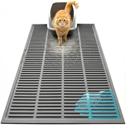 Large Cat Litter Mat: Silicone Litter Trapping Mat for Litter Box - Easy to Clean Waterproof & Anti-Slip Soft Rubber Mat - Durable Design Traps Pellet & Clay Litter - color: Grey, size: Large 32x21 Inch