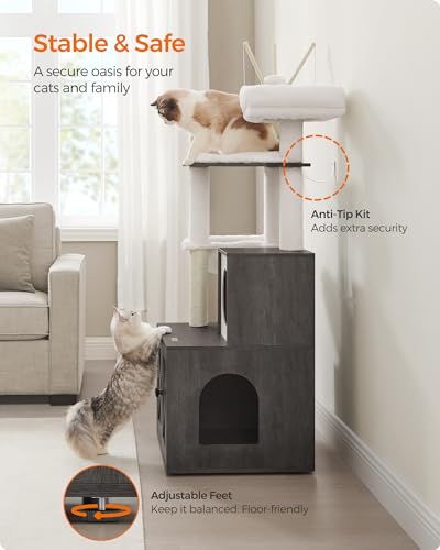 Feandrea Cat Tree with Litter Box Enclosure, 59-Inch Modern Cat Tower, 2-in-1 Condo with Scratching Posts, Washable Removable Cushion, Misty Gray UPCT113G02 - color: Misty Gray