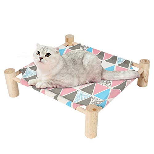 Cat and Dog Hammock Bed for Small Dogs, Brethable Wooden Cat Pet Rabbit Elevated Cooling Outdoor Bed Cots Furniture for Summer Monstera Leaf - color: Triangles
