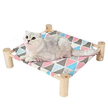 Cat and Dog Hammock Bed for Small Dogs, Brethable Wooden Cat Pet Rabbit Elevated Cooling Outdoor Bed Cots Furniture for Summer Monstera Leaf - color: Triangles