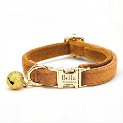 Custom Cat Collar with Bells Personalized Small Cat Collar Engraved Name & Phone Number with Secure Metal Quick-Release Buckle Adjustable (Brown) - color: Coffee Brown