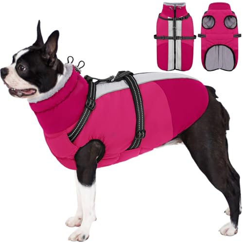 AOFITEE Small Dog Coat, Waterproof Dog Winter Jacket with Harness Built in, Warm Fleece Lined Dogs Jacket for Cold Weather, Reflective Pet Snow Jackets with Zipper for Yorkshire, Schnauzer, Hot Pink S - color: RoseRed, size: Small