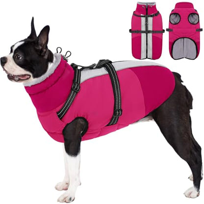 AOFITEE Dog Coat, Warm Dog Jacket with Harness Built-in, Waterproof Medium Dogs Cold Weather Coat with Zipper, Reflective Fleece Lined Pet Snow Jackets for Pug, Jack Russell, Boston Terrier, HotPink M - color: RoseRed, size: Medium