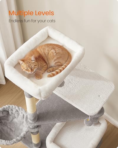 Feandrea Cat Tree, 60-Inch Cat Tower, Multiple-Level Plush Condo with 2 Caves, 3 Scratching Posts, 3 Perches, Dove Gray UPCT007G01 - color: Dove Gray
