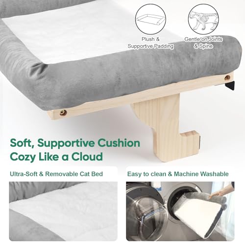 Cat Window Perch with Bolster, Large Hammock Bed for Indoor Cats, Solid Wood & Metal Frame Mounted Perch, Cozy Sunbathing Lounge Bed, 25” Wide (Grey Bed) - color: Gery