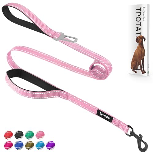 6 Foot Pink Dog Leashes for Large Medium and Small Breed Dogs That Pull,Reflective Nylon Heavy Duty Dog Leash with 2 Comfortable Padded Traffic Handles and Car Seat Belt for Walking and Training - color: Pink