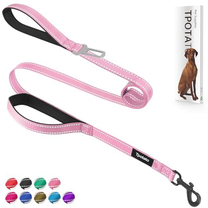 6 Foot Pink Dog Leashes for Large Medium and Small Breed Dogs That Pull,Reflective Nylon Heavy Duty Dog Leash with 2 Comfortable Padded Traffic Handles and Car Seat Belt for Walking and Training - color: Pink