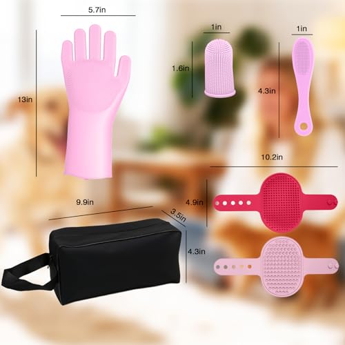 7-Piece Pet Grooming Kit with Storage Bag | Portable Bathing Set for Dogs & Cats | Includes Silicone Gloves, Deshedding Brushes & Finger Toothbrushes | All-in-One Pet Care (Pink) - color: Cherry Blossom Pink
