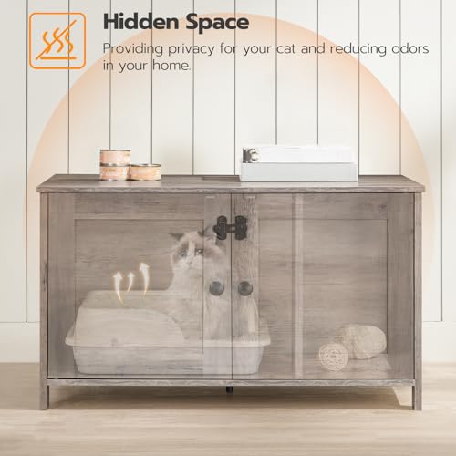 HOOBRO Litter Box Enclosure, Cat Litter Box Furniture with Removable Divider, Large Hidden Litter Box Furniture, Wooden Cat House, End Side Table, 31" L x 17.5" W x 19.7" H, Greige BG03MW01G2 - color: Greige