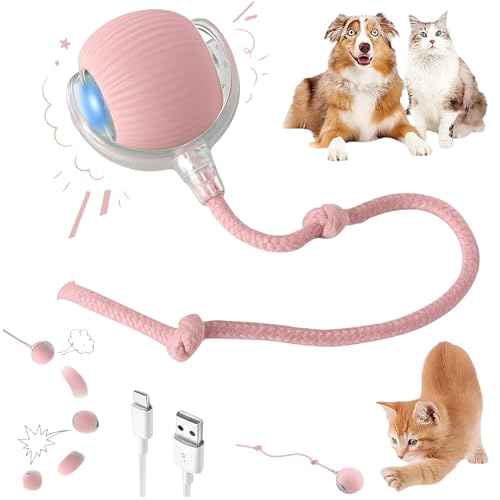 Interactive Electric Automatic Rolling Moving Rechargeable Self Play Stimulation Toy,Smart Pet Chase with Speedy Tail Rope for Bored Indoor Cats (Pink) - color: PINK