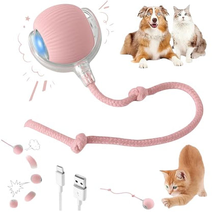 Interactive Electric Automatic Rolling Moving Rechargeable Self Play Stimulation Toy,Smart Pet Chase with Speedy Tail Rope for Bored Indoor Cats (Pink) - color: PINK