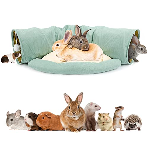 BWOGUE Bunny Tunnel Bed, 2-in-1 Collapsible Tunnel Tubes Toys with Removable Mat Hideout for Cats Kittens Rabbits Guinea Pigs Kitty - color: Green