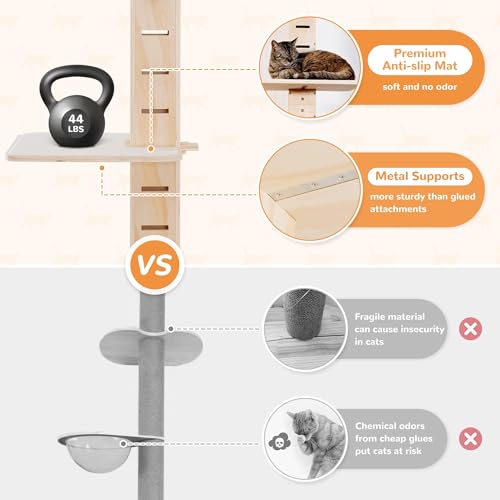 COZIWOW Floor to Ceiling Cat Tree for Large Cats, Cat Tower with Non-Slip Platforms 7 Tier Tall Climbing Pole with Adjustable Height (98-114 Inches) Modern Climbing Tower, Wood, Indoor