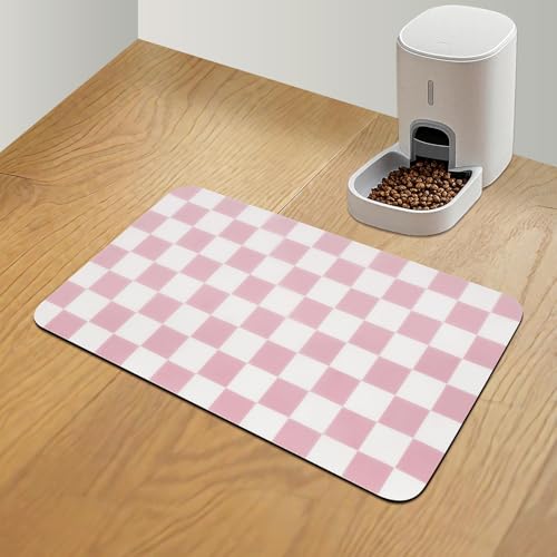 CooRug Checkered Dog Food Mat, Absorbent Leak-Proof Pet Feeding Mat, Quick Dry Cat Food Mat for Messy Drinkers 12" x 20" Pink - color: Pink, size: 12" x 20"