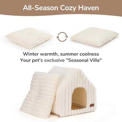 FUKUMARU Cat Houses for Indoor Cats, Washable Cute Cat Bed Cave with Removable Pillow, Large Semi-Enclosed Cozy Dog House Indoor, Soft Faux Rabbit Fur Kitten Bed, 17.5-Inch Cat Hideaway, Cream - color: Cream
