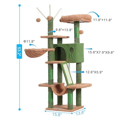 Hey-brother Cat Tree, 53 inch Cat Tower for Indoor Cats, Cat House with Padded Platform Bed, Toy Balls, Large Cozy Condo, Hammocks and Sisal Scratching Posts, Cactus MPJ019SCA - color: Cactus