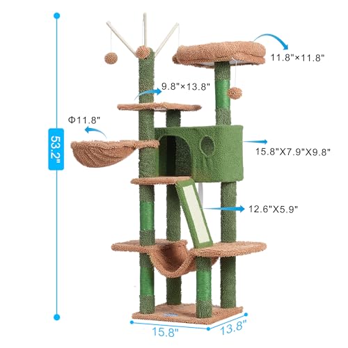 Hey-brother Cat Tree, 53 inch Cat Tower for Indoor Cats, Cat House with Padded Platform Bed, Toy Balls, Large Cozy Condo, Hammocks and Sisal Scratching Posts, Cactus MPJ019SCA - color: Cactus