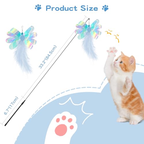 Pawaboo Feather Teaser Cat Toy, Interactive Feather Wand Cats Toy Flying Feathers Cat Catcher with Extra Long 34.5" Wand and Small Bell, Exerciser Playing Toys for Kitten or Cats, Blue Butterfly - color: Blue Butterfly