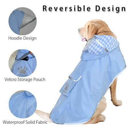 Dog Raincoat Reversible,Waterproof Dog Rain Coat Hooded Slicker Poncho with Reflective Strip, Plaid Double Layer Rain Jacket for Small Medium Large Dogs (Light Blue, X-Large(37-55lb)) - color: Light Blue, size: X-Large(37-55lb)