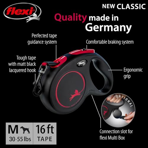 FLEXI New Classic Tape Retractable Dog Leash for Medium Dogs Upto 30-55 lbs. – 16 ft., Black Red |Tangle Free Pet Walking Leash with One-Handed Brake, Pause, Lock |German Quality Product - color: Black & Red, size: Medium - 16 Feet (Tape)