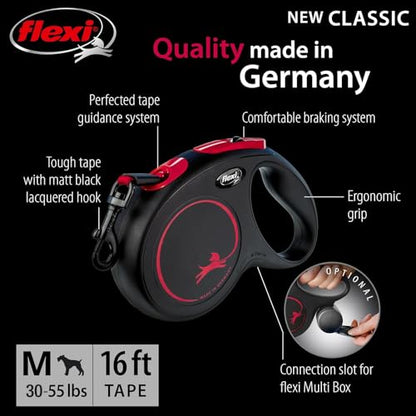 FLEXI New Classic Tape Retractable Dog Leash for Medium Dogs Upto 30-55 lbs. – 16 ft., Black Red |Tangle Free Pet Walking Leash with One-Handed Brake, Pause, Lock |German Quality Product - color: Black Fire, size: Medium - 16 Feet (Tape)