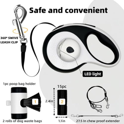 26ft Retractable Dog Leash for Large Dogs with Poop Bag Holder and LED Light,Heavy Duty Retractable Dog Leash with Chew Proof Extender,One-Hand Lock System,Impact-Resistant,Up to 110 lbs(Wihte) - color: Wihte