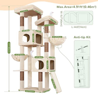 Globlazer 72in Heavy Duty Cat Tree Tower for Large Adult Cats, Multi-Level Cat Condo Stand with 2 Cozy Baskets & 6 Sisal Scratching Posts, S72E, Beige - color: Beige