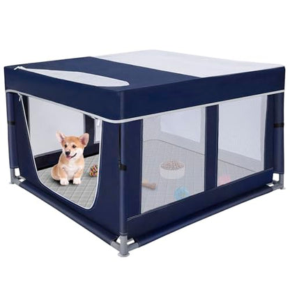 42 × 42 inch Dog Playpen with Pee Pad, Soft Puppy Playpen, 25 Height Pet Playpen for Small Dogs and Small Animals, Dog Fence Indoor, Play Yard with Zipper Door - color: Royal Blue, style: 42inch Dog Playpen with Top and Pee Pad