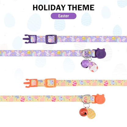 Breakaway Cat Collars for Girl Boy Cats, Spring Summer All Weather Cat Collar Personalized Pattern 2 Pack,Cute Classic Safety Buckles and Bells,Adjustable Printed Nylon Colorful Kitten Collar - color: Easter