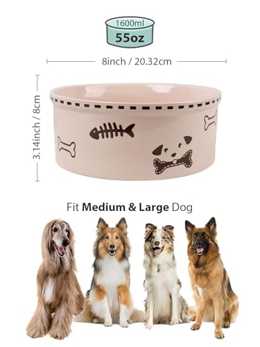 Ceramic Dog Bowl 55oz Heavy Duty Pet Food and Water Bowl for Medium Large Dogs Non Slip Weighted Dog Dish with Cute Bone and Fish Design Easy to Clean - color: Light Pink