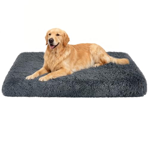Fluffy Orthopedic Dog Beds for Large Dogs with Washable Removable Cover Dog Crate Bed Egg Crate Foam Support Plush Pet Pad Mat with Anti-Slip Bottom (42 * 28,Dark Grey) - color: Dark Grey, size: 42"L*28"W