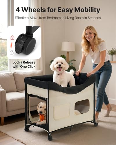 VEVOR Bedside Lounge Pet Bed, Foldable Bunk Dog Bed with 600D Oxford Cloth and Dutch Velvet, Portable Raised Cot with Wheels, Side Storage Bags, and Carry Bag for Cats & Dogs, XL, Beige - size: XL