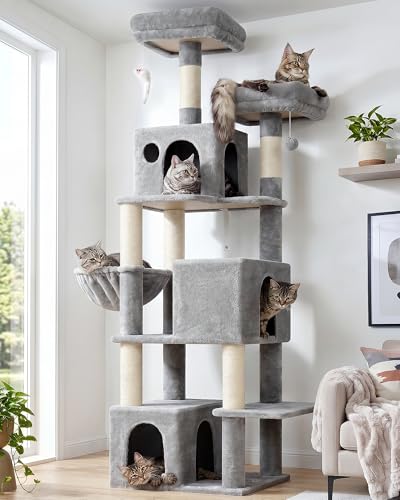 Globlazer Cat Tree Tall, 71 inches Cat Tower for Indoor Adult Cats Multi-Level 3 Condos for Indoor Cats XL Cat Tree Tower with Scratching Posts, Soft Extra Large Hanging Basket, F71, Light Gray - color: Light Grey