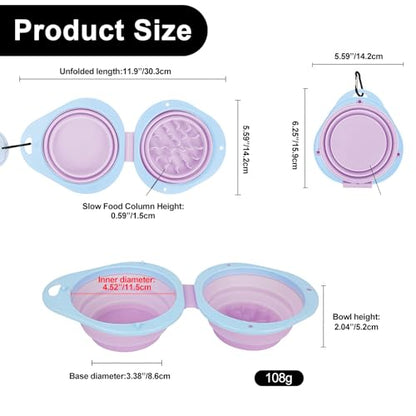 Purple Collapsible Dog Bowls with Carabiner 2-in-1 Foldable Slow Food Bowl(130g)&Water Bowl(320ml) for Dogs and Cats Travel - color: Purple
