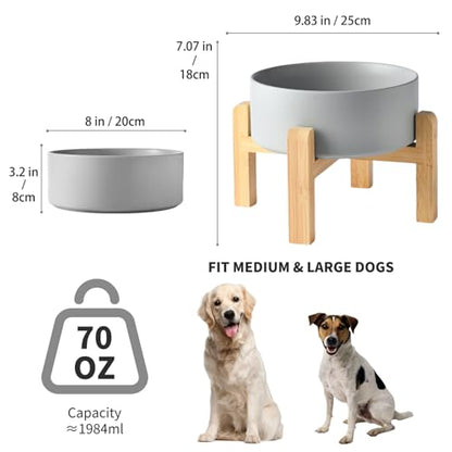 8'' Ceramic Raised Dog Bowl - 70Oz Dog Food & Water Bowl with Elevated Non-Slip Bamboo Stand, Dishwasher & Microwave Safe, Anti Vomiting Heavy Duty Pet Bowl for Medium and Large Dogs, Grey - color: 1 x Bowl + Stand - Grey, size: 8 inch