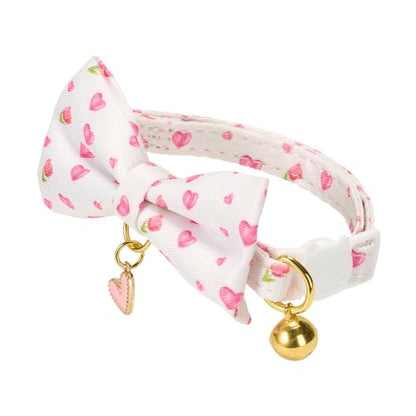 2 Pack Cat Collars, Removable Bowtie, Pink Heart Pattern, Safety Breakaway Clasp, Adjustable for Cats.(Adult Cat, Pink Strawberry and White Heart) - color: Pink+White