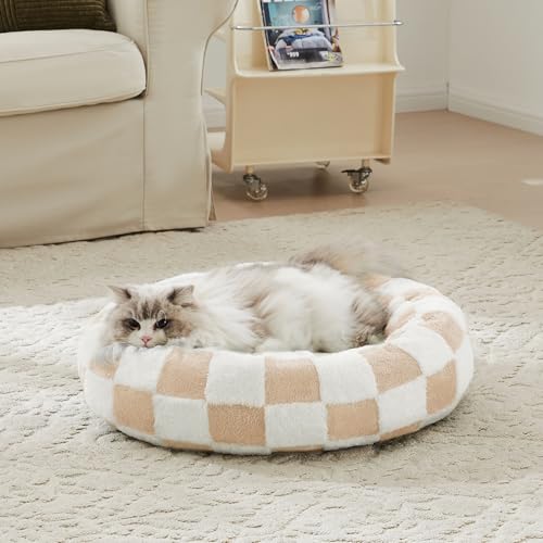 Ohocut Checkered Cat Dog Bed, Cute Beige Khaki Retro Style Aesthetic Round Warming Pet Calming Beds for Small Dog and Cats, Plush Cozy Donut Beds Washable, 23" L x 23" W x 8" Th - color: Beige, size: 23"L x 23"W x 8"Th