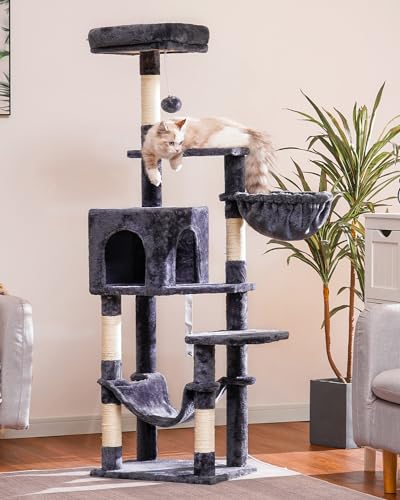 Hey-brother Cat Tree with Large Hammock, Multi-Level Cat Tower for Indoor Cats, Cat Condo with Sisal-Covered Scratching Posts and Top Perch, Smoky Gray MPJ050G - color: Smoky Gray