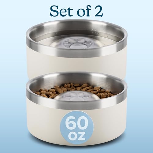 Set of 2 Stainless Steel Slow Feeder Dog Bowls - 60oz/7.5 Cups Double Wall Insulated Food and Water Bowls for Dogs - Non Slip Metal Pet Dishes for Medium to Large Sized Pets by PETMAKER (Cream) - size: 60oz