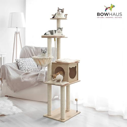 BOWHAUS 64” Wooden Cat Tree Tower for Indoor Large Cats & Kittens, Modern Tall Cat Climbing Tree w/Cave Condo, Scratching Posts, Hammock, Multi-Level Cat Tower w/Interactive Toy & Detachable Cushion