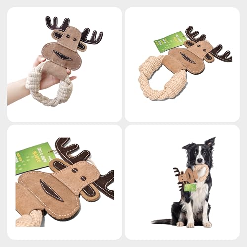 Cotton Rope Ring Dog Chew Toy for Small Dogs & Puppies - Durable Leather Dog Toy for Light Chewers - Natural & Perfect Puppy Toy for Chewing Exercise & Dental Health (Moose) - style: Cotton Rope Ring - Moose